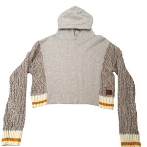Roots Canada Mixed Media Cable Knit Cropped Hoodie Brown Beige Women's Medium